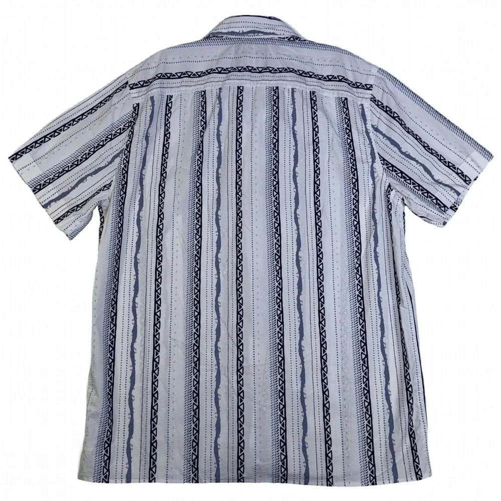 Hollister‎ Mens Short Sleeve Button Down Shirt White Blue Tribal Stripe Large